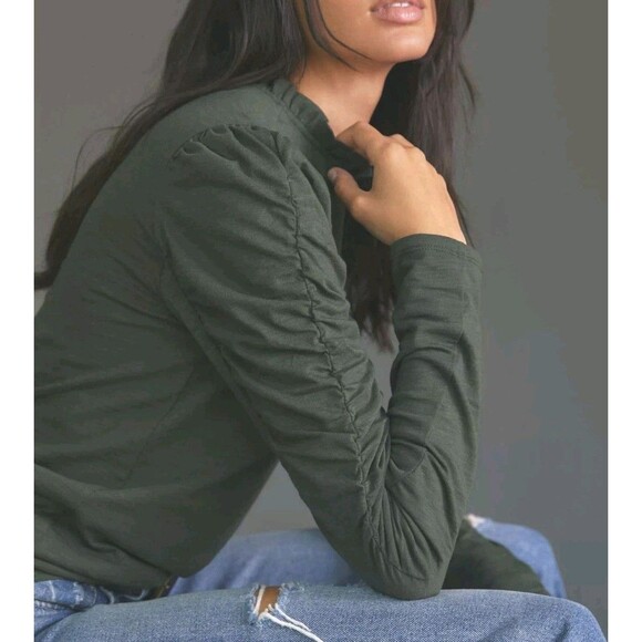 Maeve Ruched Long Sleeve Top Womens Size Medium Drab Olive Green Fall Boho Work - Picture 1 of 9